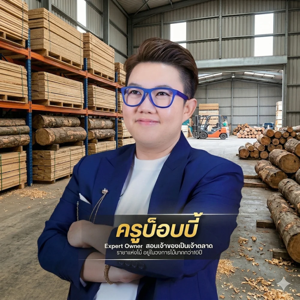 ครูบ็อบบี้ Expert Owner ยืนหน้าโกดังไม้